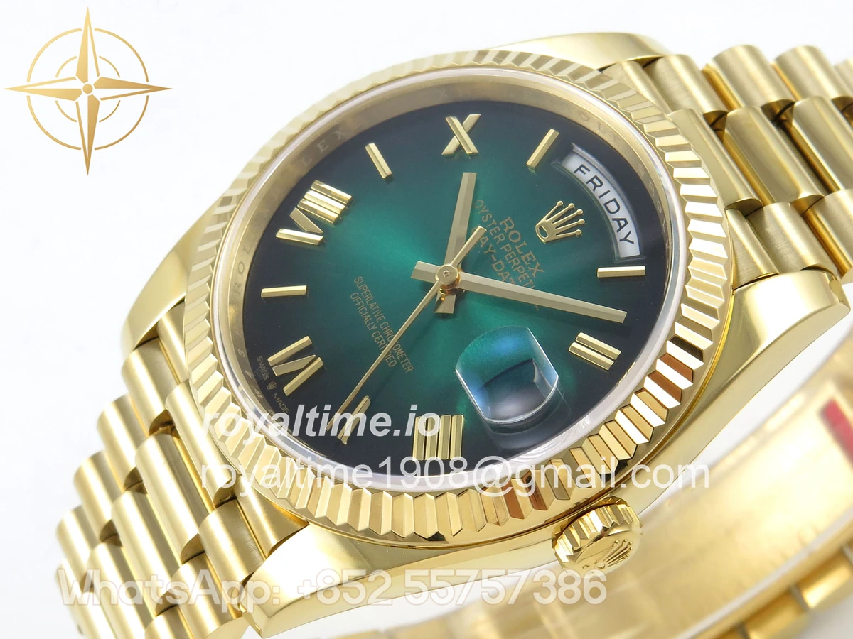 Rolex Day Date 40 YG TMF Green Ombre Roman Dial on President Bracelet VR3255 (Weighted) 208g - Image 5