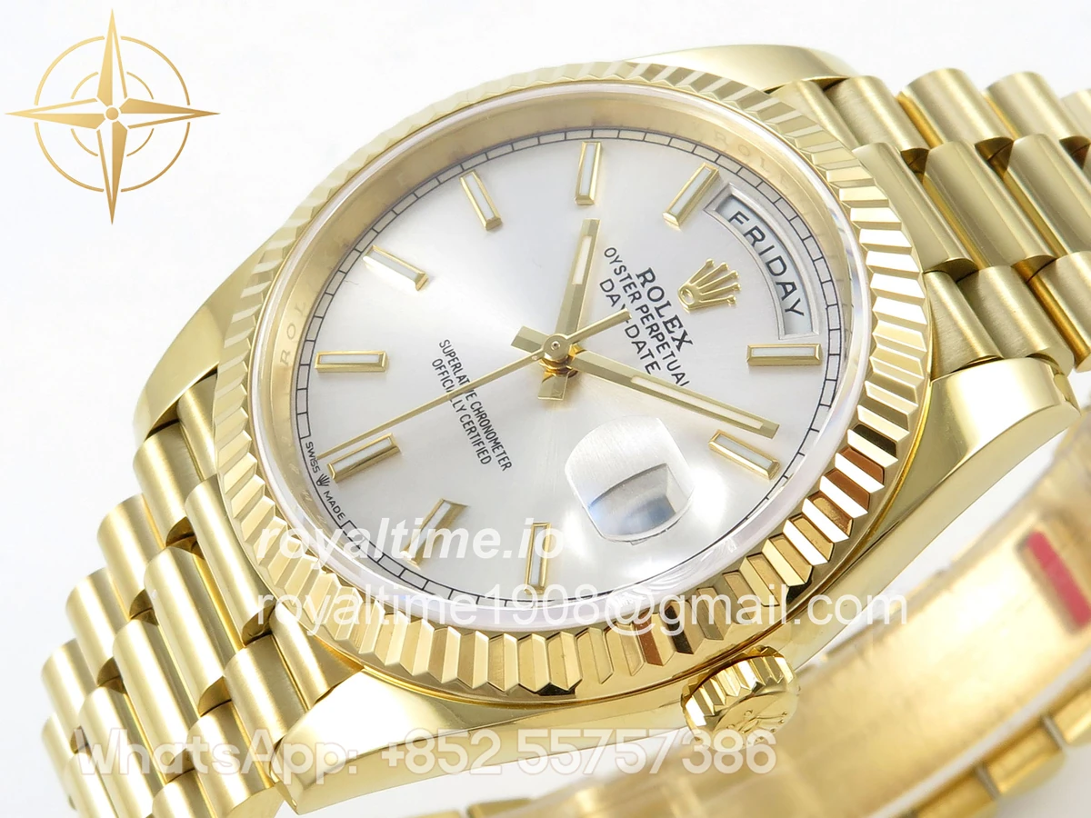 Rolex Day Date 40 YG TMF Silver Stick Dial on President Bracelet VR3255 (Weighted) 208g - Image 5