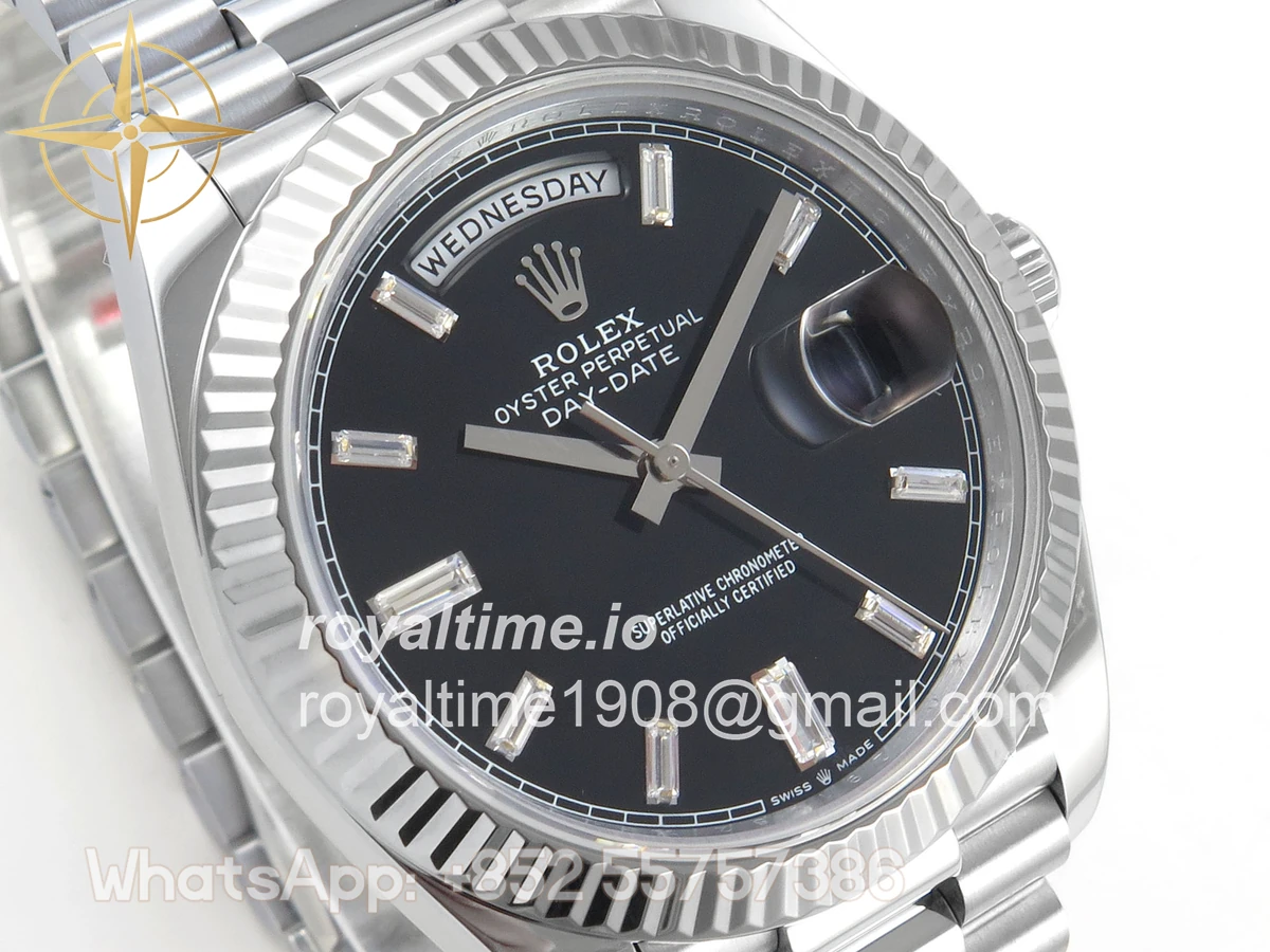 Rolex DayDate 40 SS QF 904L Steel Black Crystal Dial on President Bracelet VR3255 V8 (Gain Weight) - Image 5