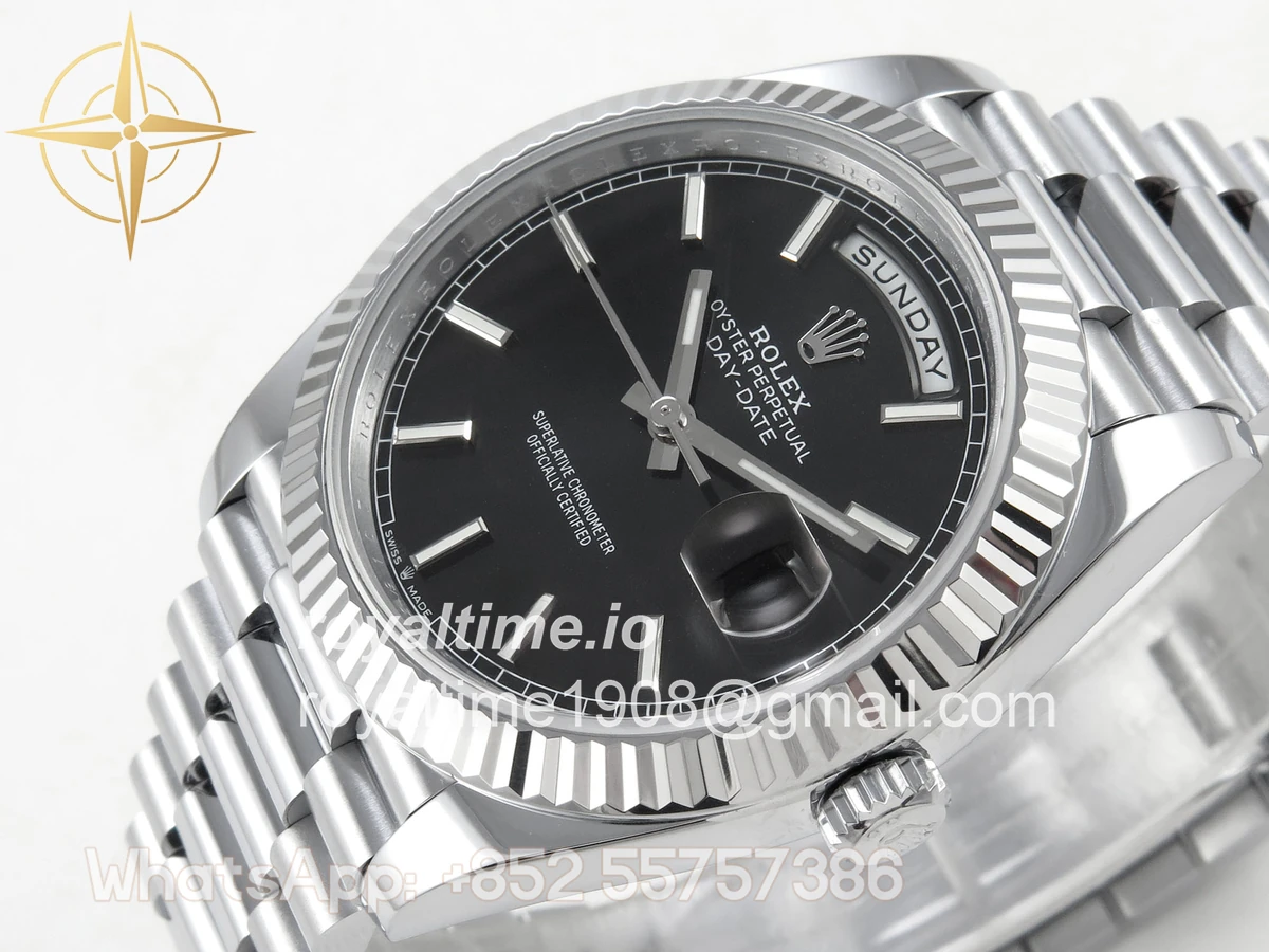 Rolex DayDate 40 SS QF 904L Steel Black Stick Dial on President Bracelet VR3255 V8 (Gain Weight) - Image 5