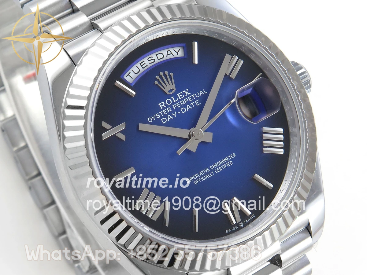 Rolex DayDate 40 SS QF 904L Steel Blue Ombre Roman Dial on President Bracelet VR3255 V8 (Gain Weight) - Image 5