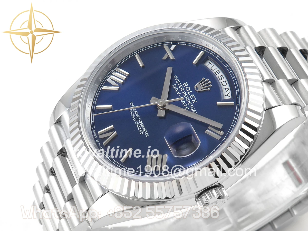 Rolex DayDate 40 SS QF 904L Steel Blue Roman Dial on President Bracelet VR3255 V8 (Gain Weight) - Image 5