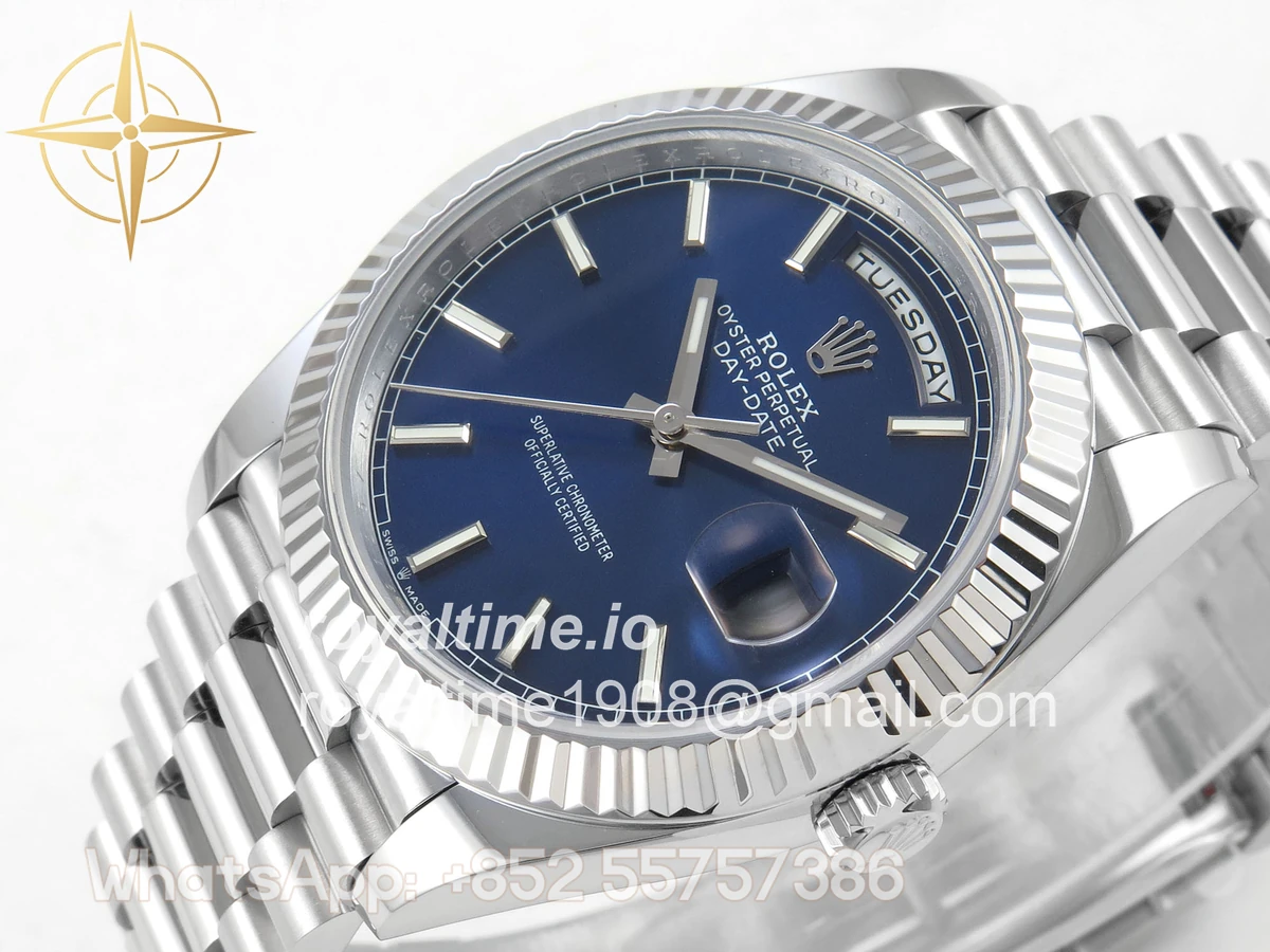 Rolex DayDate 40 SS QF 904L Steel Blue Stick Dial on President Bracelet VR3255 V8 (Gain Weight) - Image 5