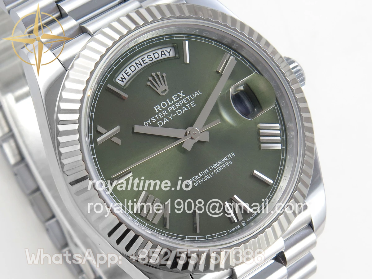 Rolex DayDate 40 SS QF 904L Steel Green Roman Dial on President Bracelet VR3255 V8 (Gain Weight) - Image 5