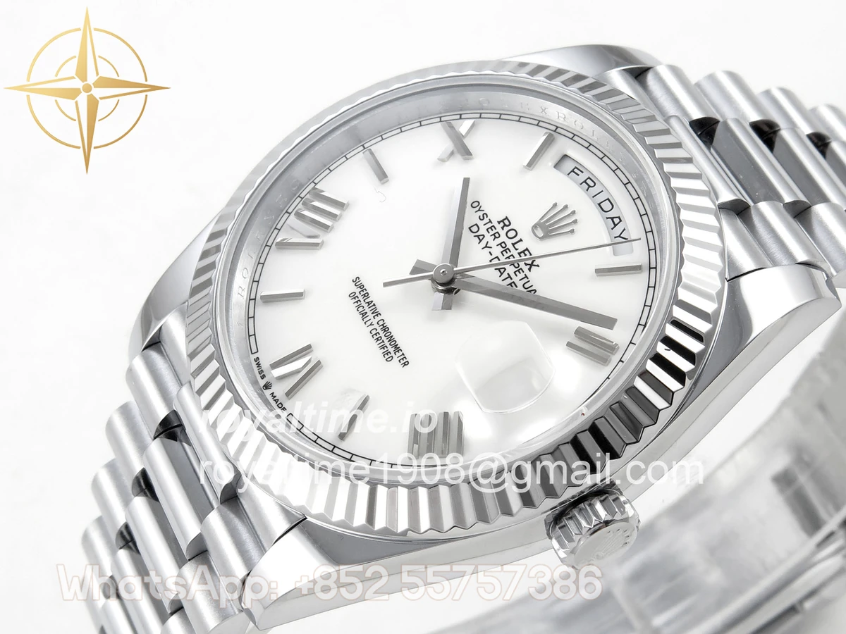 Rolex DayDate 40 SS QF 904L Steel White Roman Dial on President Bracelet VR3255 V8 (Gain Weight) - Image 5