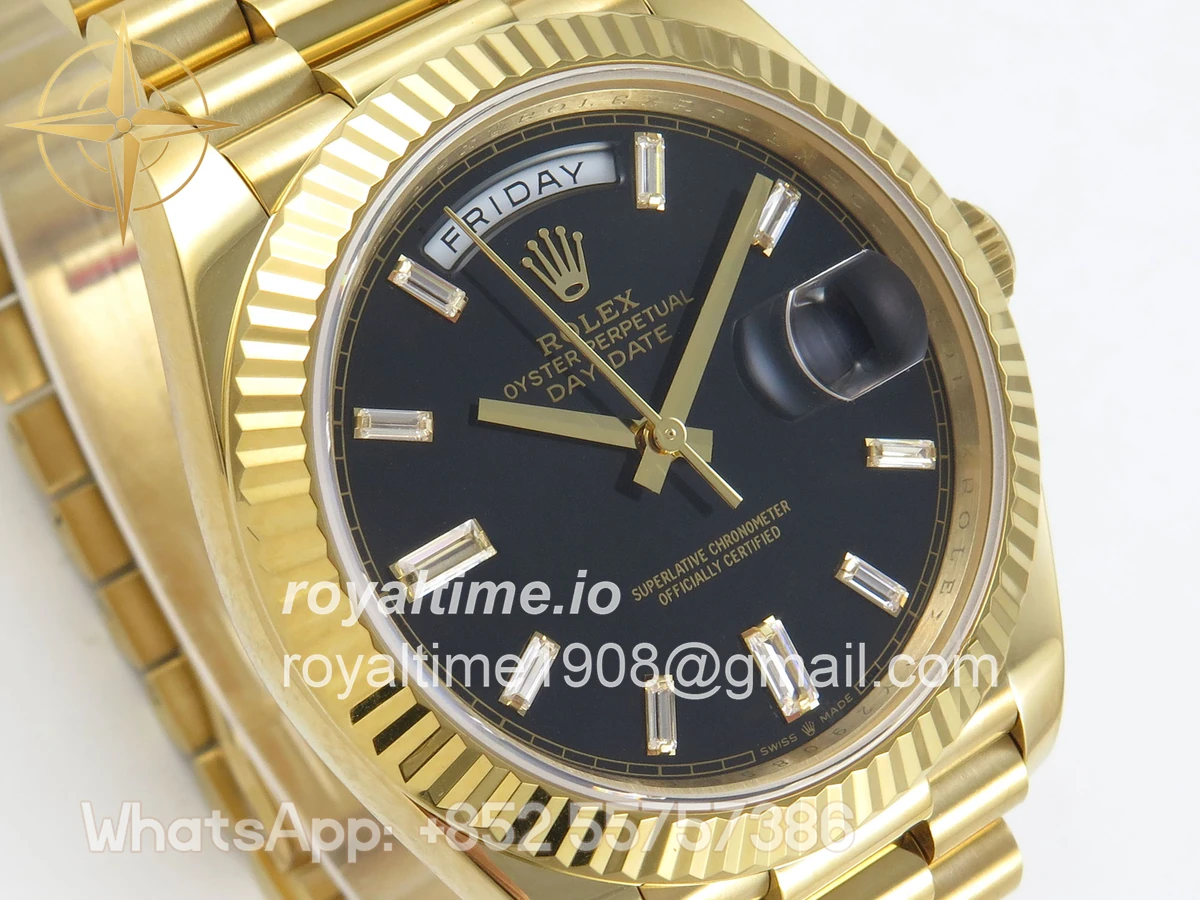 Rolex DayDate 40 YG QF 904L Steel Black Crystal Dial on President Bracelet VR3255 V8 (Gain Weight) - Image 5