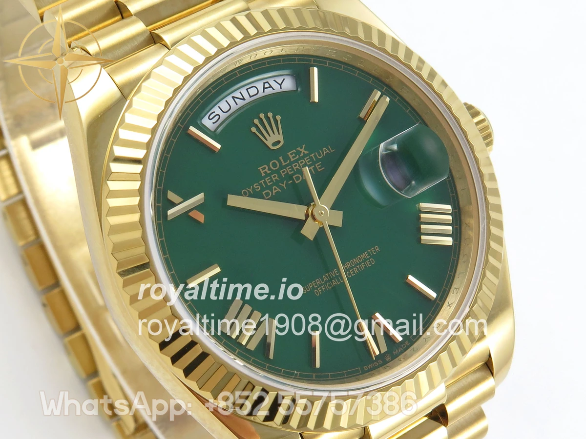 Rolex DayDate 40 YG QF 904L Steel Green Roman Dial on President Bracelet VR3255 V8 (Gain Weight) - Image 5