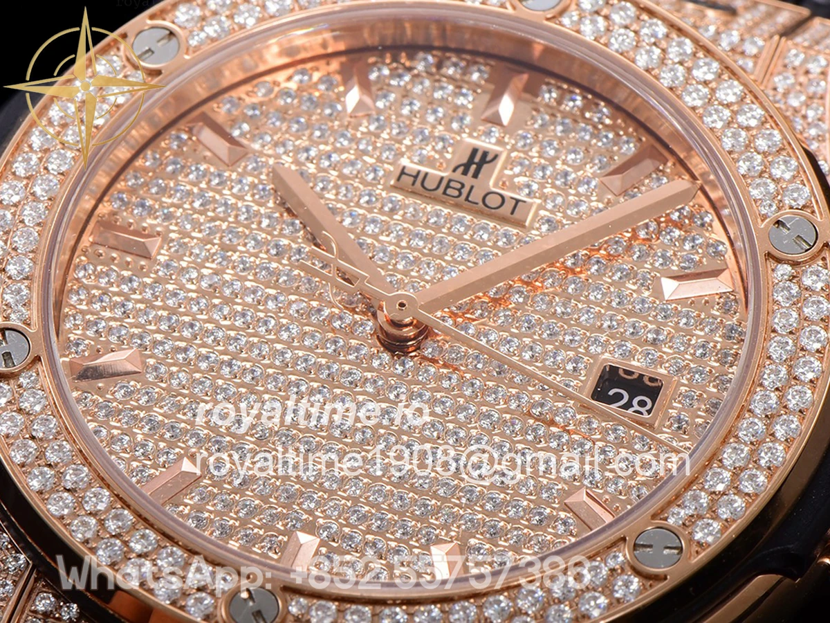 Hublot Classic Fusion Automatic 42mm Diamond Paved Dial in Rose Gold on Black Leather Strap - Image 5
