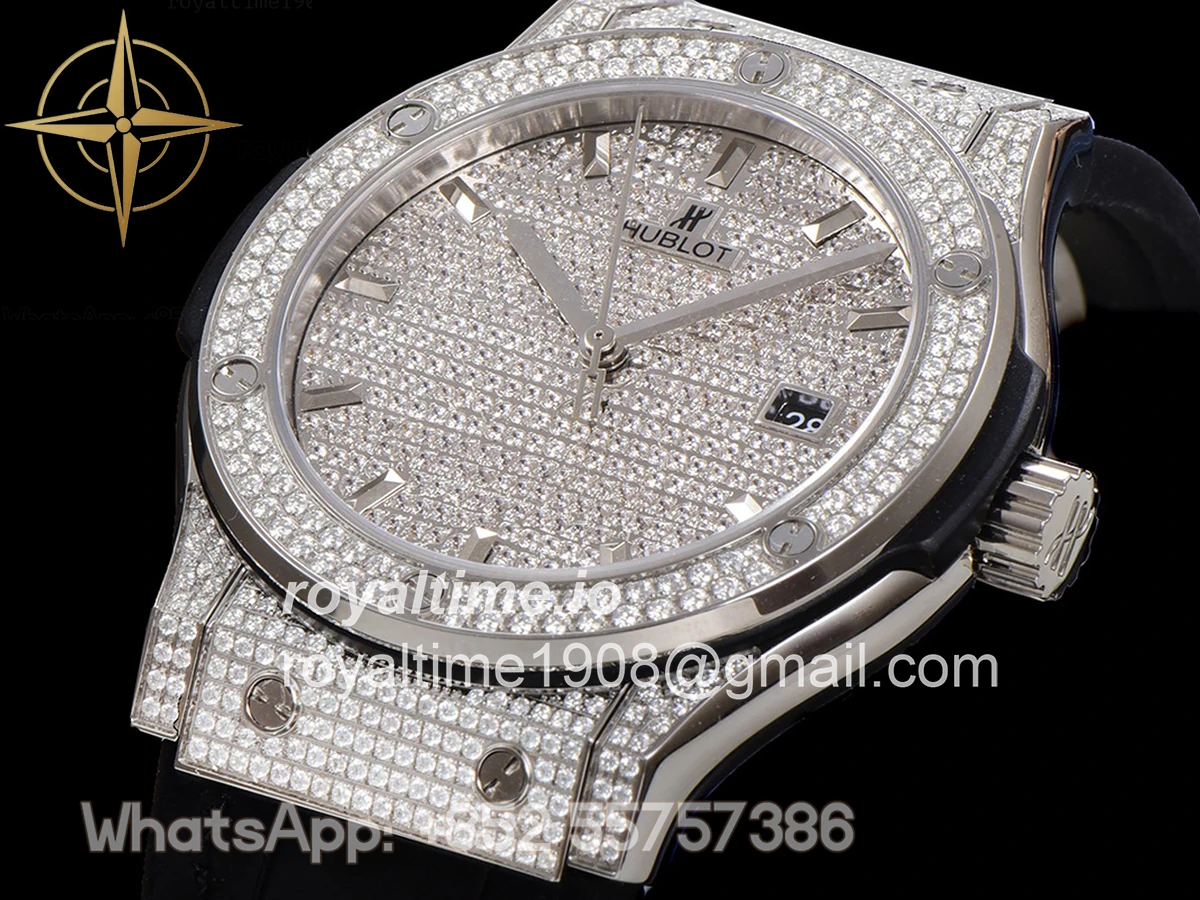 Hublot Classic Fusion Automatic 42mm Diamond Paved Dial in Steel on Black Leather Strap - Image 5