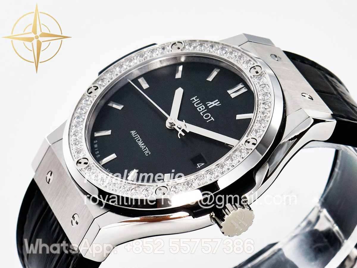 Hublot Classic Fusion Bang 42mm HBF Black Dial Diamonds Bezel on Black Leather Strap A2892 - Image 5