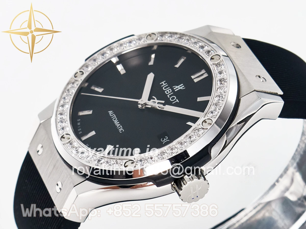 Hublot Classic Fusion Bang 42mm HBF Black Dial Diamonds Bezel on Black Rubber Strap A2892 - Image 5