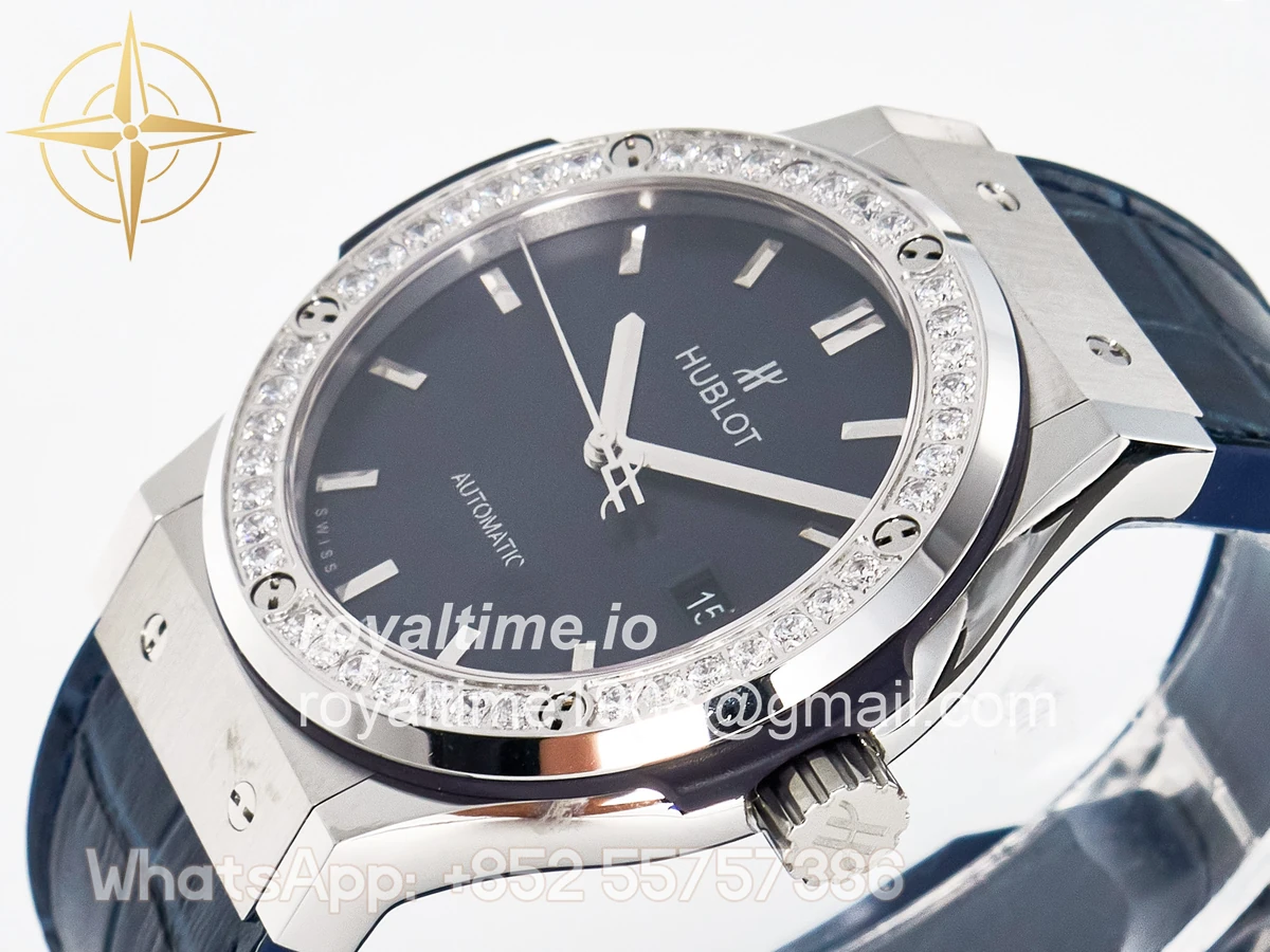 Hublot Classic Fusion Bang 42mm HBF Blue Dial Diamonds Bezel on Blue Leather Strap A2892 - Image 5