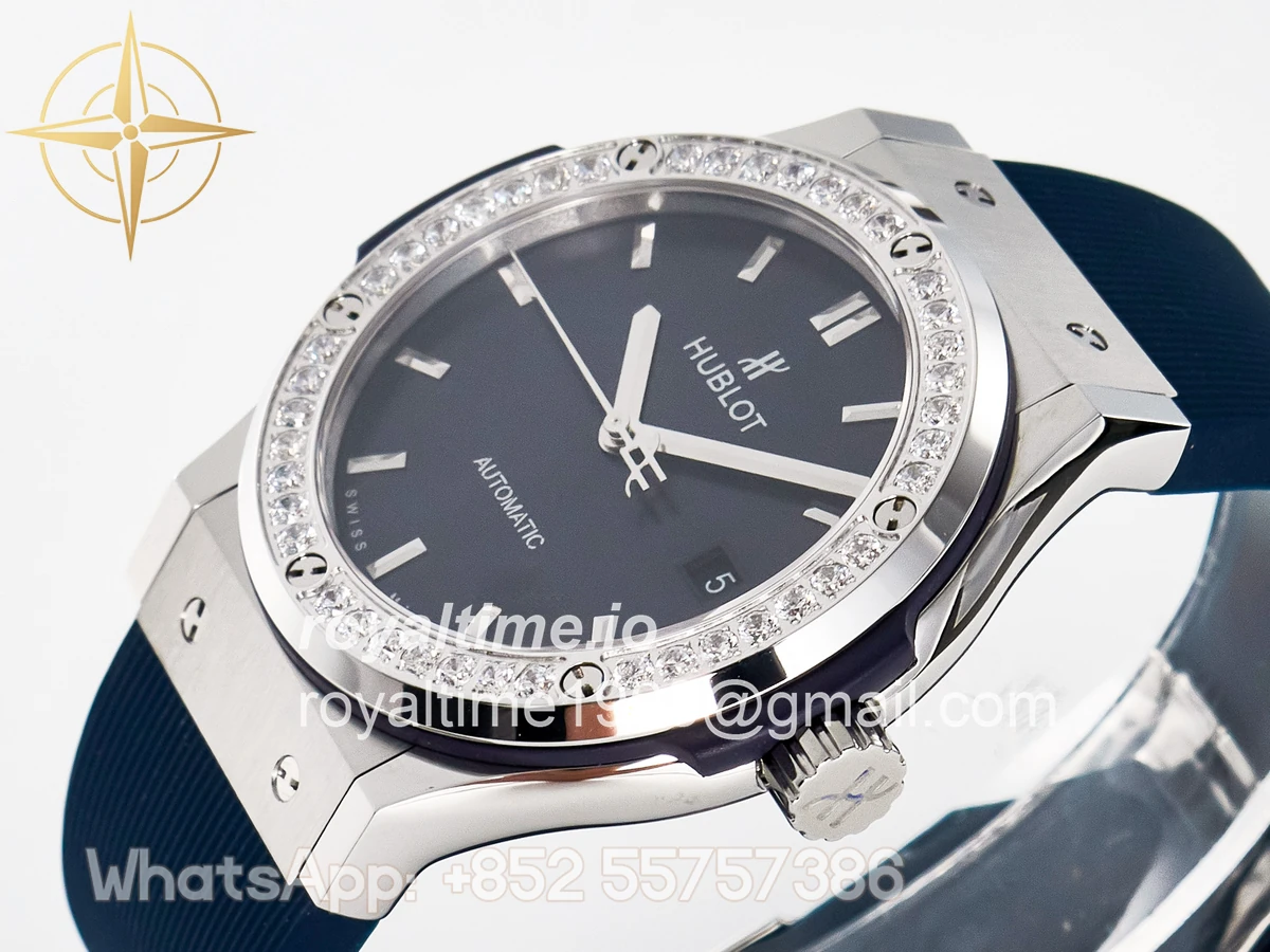 Hublot Classic Fusion Bang 42mm HBF Blue Dial Diamonds Bezel on Blue Rubber Strap A2892 - Image 5