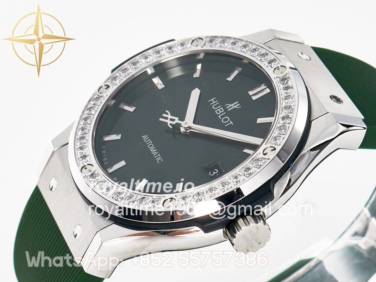 Hublot Classic Fusion Bang 42mm HBF Green Dial Diamonds Bezel on Green Rubber Strap A2892 - Image 5