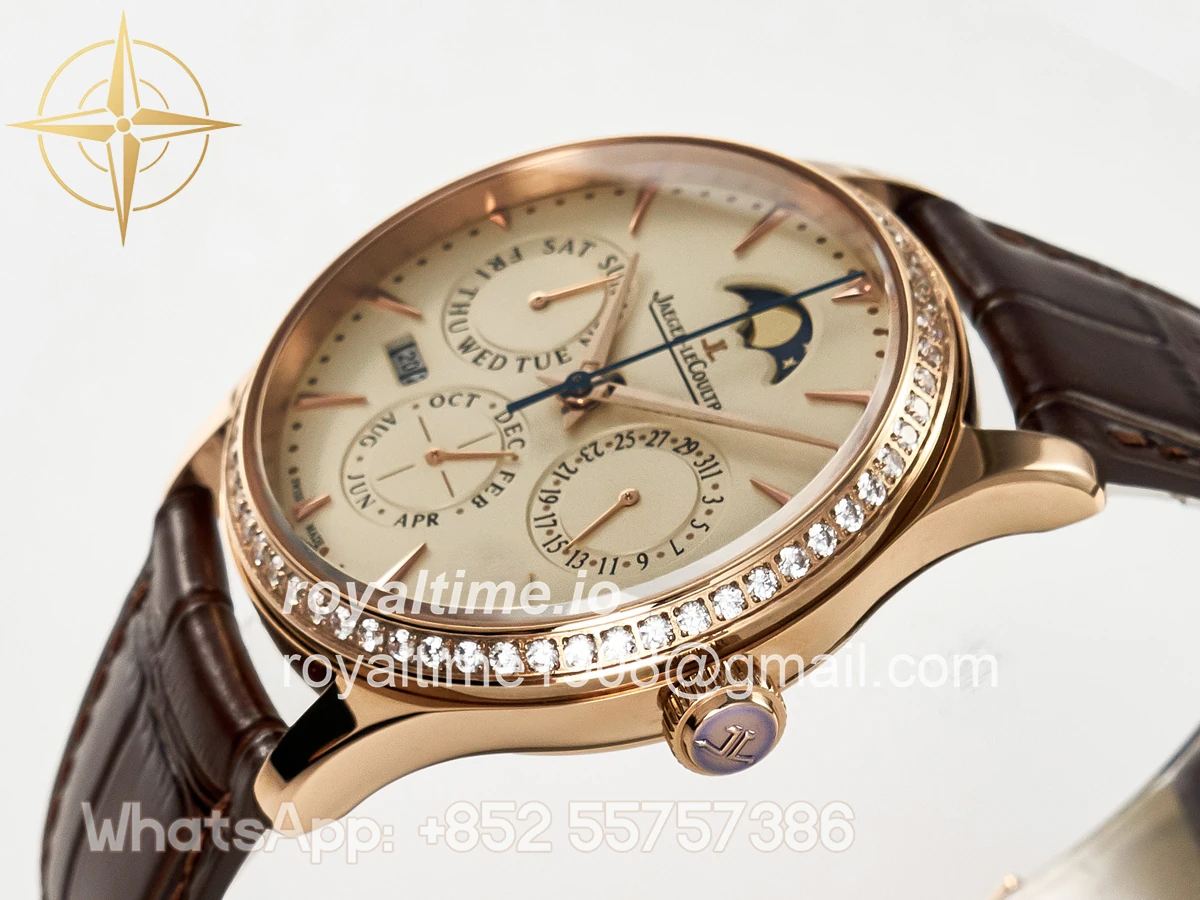 Jaeger-LeCoultre Master Ultra Thin Perpetual Calendar RG V9F Cream Dial Diamonds Bezel on Brown Leather Strap A868 V2 - Image 5