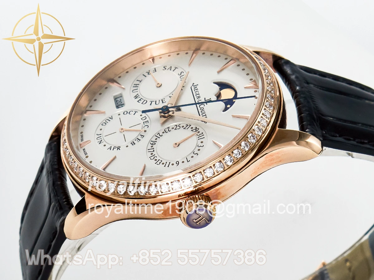 Jaeger-LeCoultre Master Ultra Thin Perpetual Calendar RG V9F White Dial Diamonds Bezel on Black Leather Strap A868 V2 - Image 5