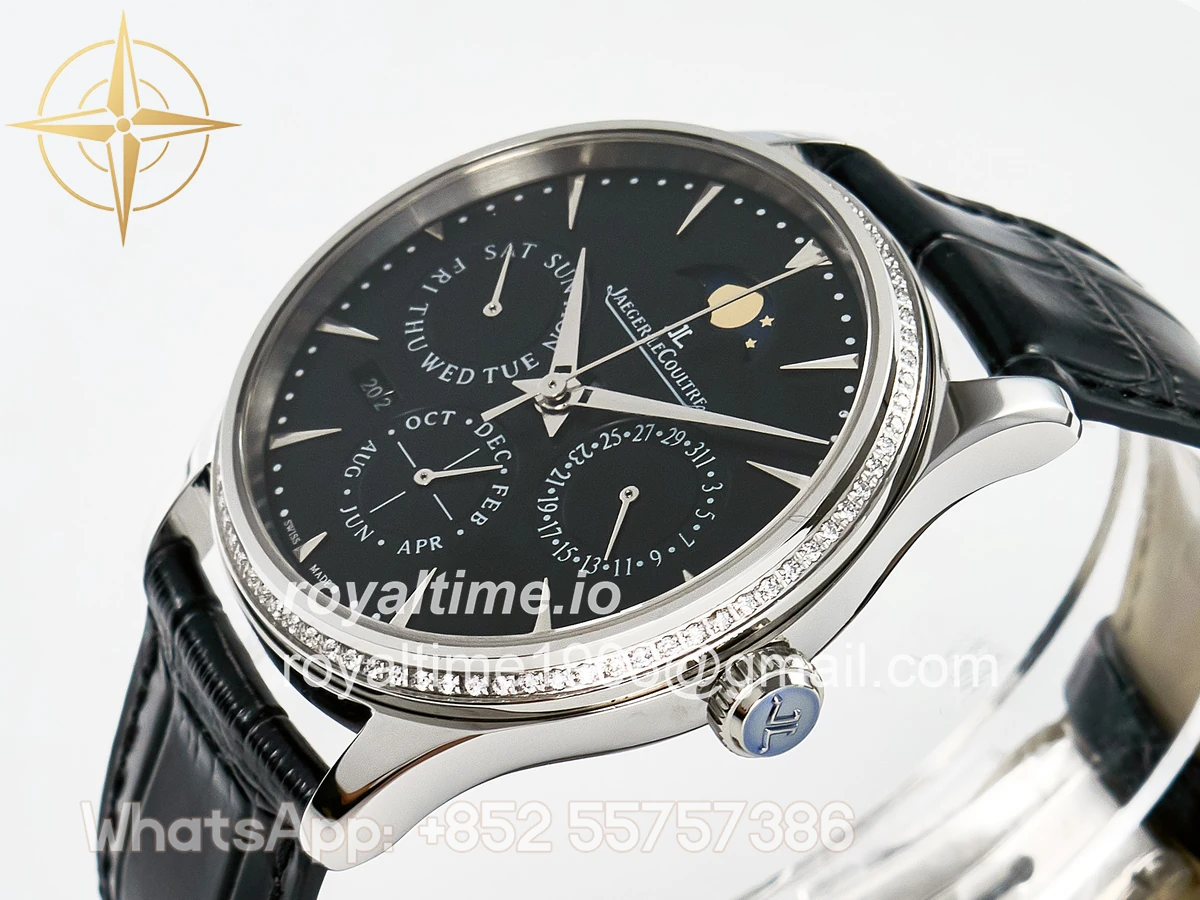 Jaeger-LeCoultre Master Ultra Thin Perpetual Calendar SS V9F Black Dial Diamonds Bezel on Black Leather Strap A868 V2 - Image 5
