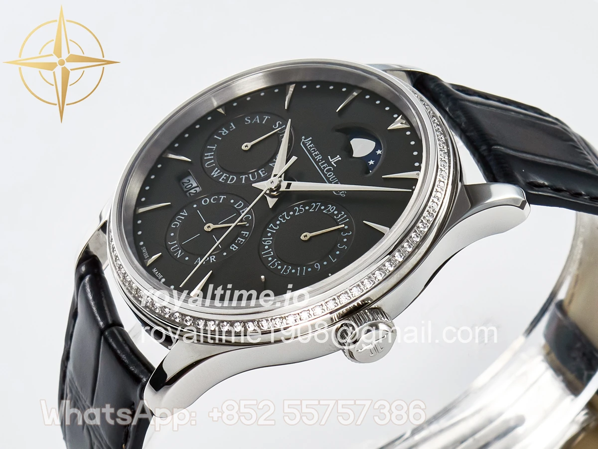 Jaeger-LeCoultre Master Ultra Thin Perpetual Calendar SS V9F Gray Dial Diamonds Bezel on Black Leather Strap A868 V2 - Image 5