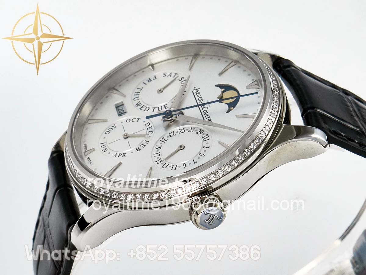 Jaeger-LeCoultre Master Ultra Thin Perpetual Calendar SS V9F White Dial Diamonds Bezel on Black Leather Strap A868 V2 - Image 5