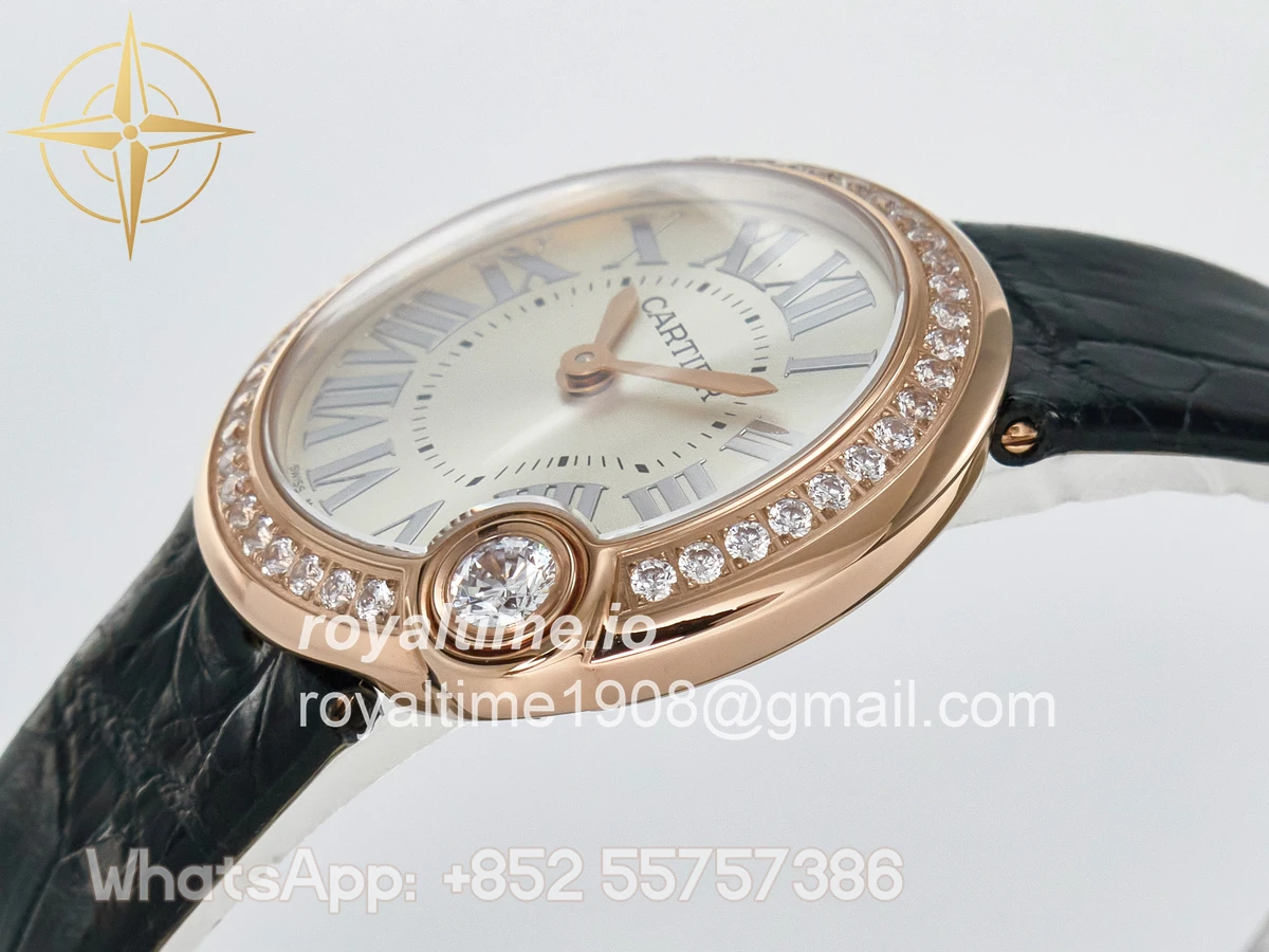 Cartier Ballon Blanc De Cartier 30mm RG DRF Silvered Texture Dial Diamonds Bezel on Black Leather Strap Ronda Quartz - Image 5