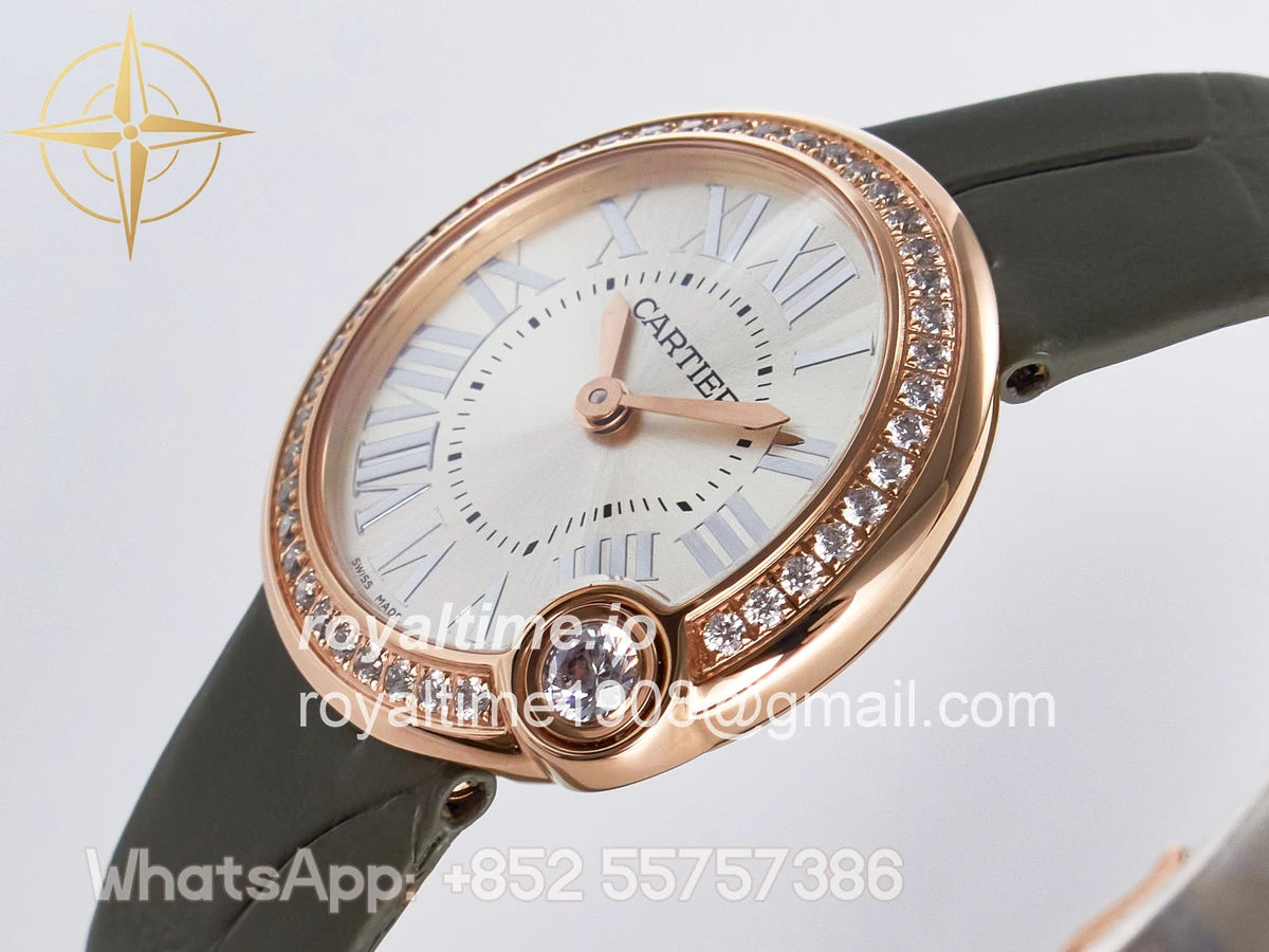 Cartier Ballon Blanc De Cartier 30mm RG DRF Silvered Texture Dial Diamonds Bezel on Green Leather Strap Ronda Quartz - Image 5