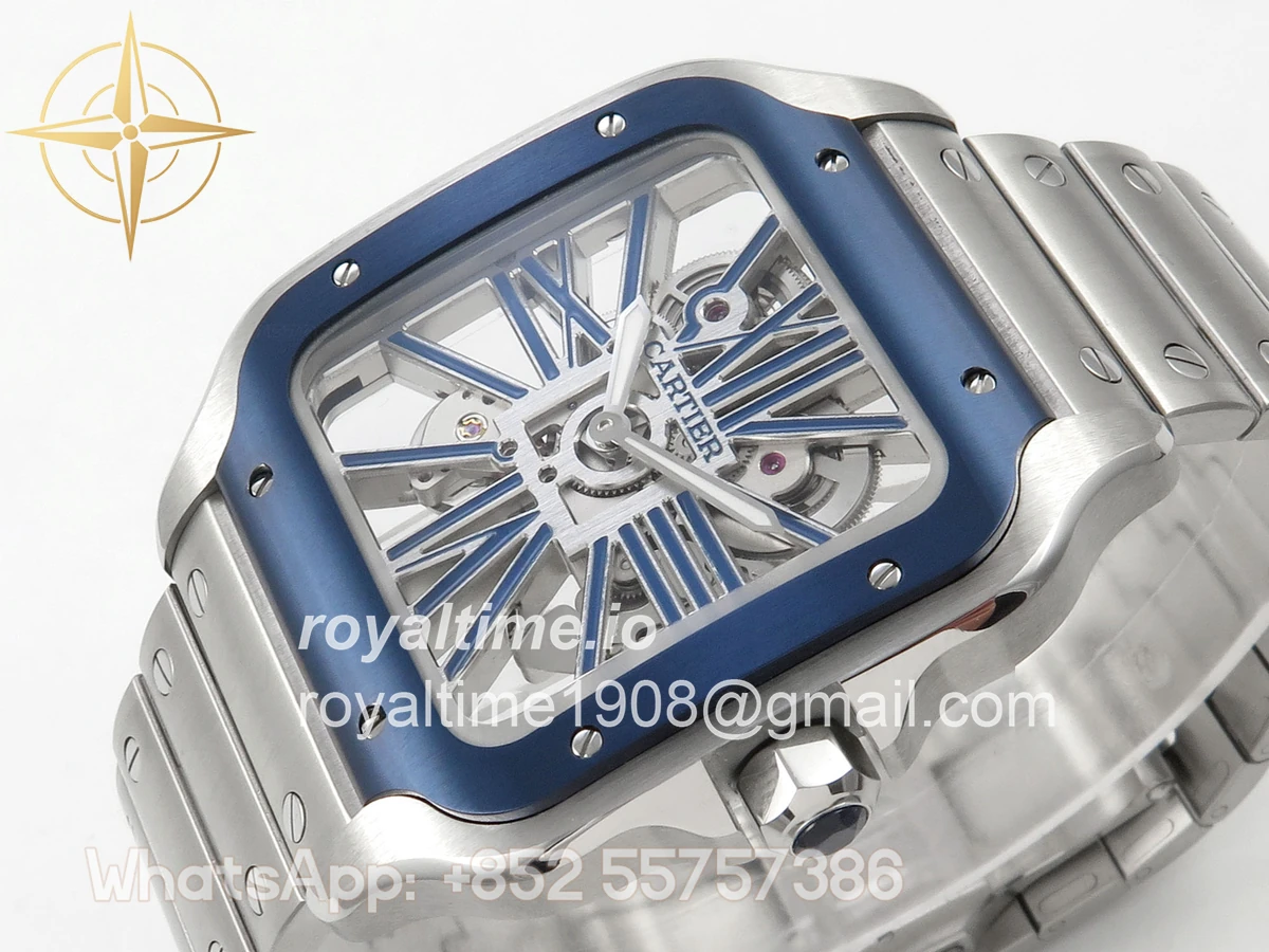Cartier Santos de Cartier Skeleton SS MLF Skeleton Blue Skeleton Dial Blue Bezel on SS SmartLink Bracelet 9611MC - Image 5