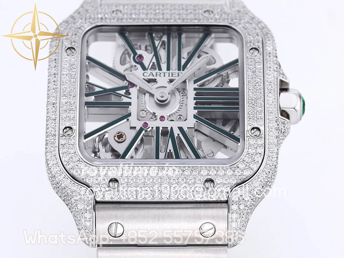 Cartier Santos De Cartier Watch Skeleton Dial Green Marker with Diamond Bezel in Steel - Image 5
