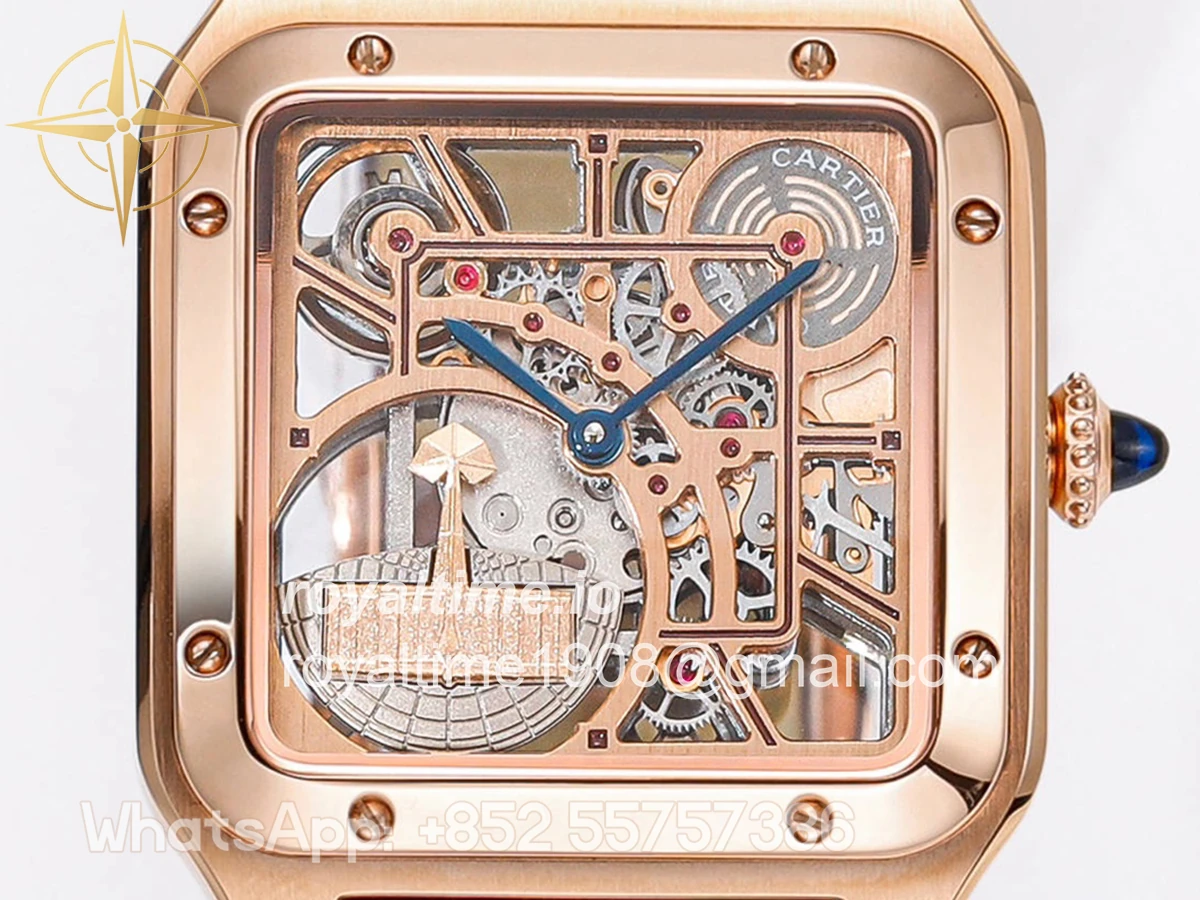 Cartier Santos-Dumont (Large) Skeleton Watch in Rose Gold on Black Leather Strap - Image 5