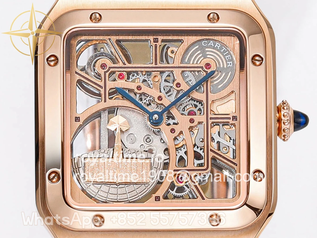 Cartier Santos-Dumont (Large) Skeleton Watch in Rose Gold on Brown Leather Strap - Image 5
