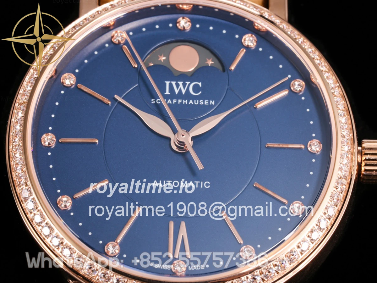 IWC Portofino IW6596 Automatic Moon Phase 37 Blue Dial in Rose Gold on Brown Leather Strap - Image 5