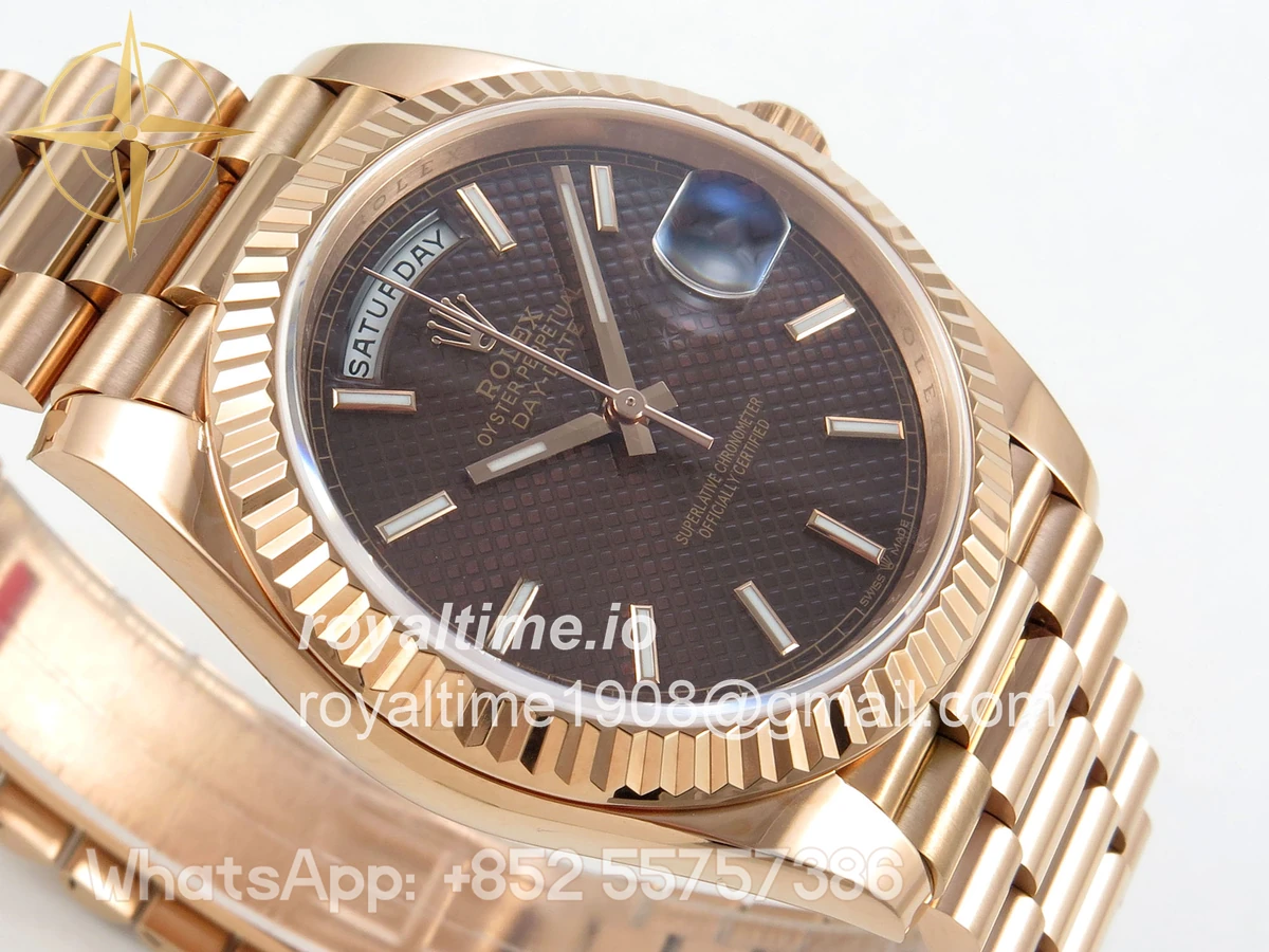 Rolex Day Date 40 RG TMF Brown Textured Stick Dial on President Bracelet VR3255 (Weighted) 208g - Image 6