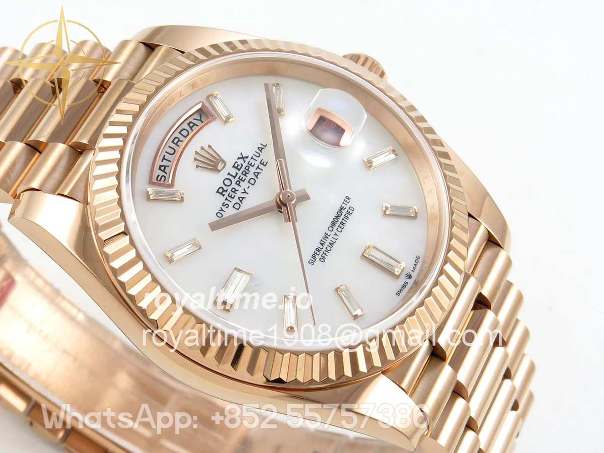 Rolex Day Date 40 RG TMF White MOP Diamonds Dial on President Bracelet VR3255 (Weighted) 208g - Image 6