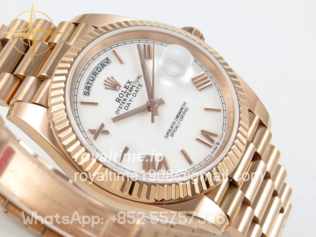 Rolex Day Date 40 RG TMF White Roman Dial on President Bracelet VR3255 (Weighted) 208g - Image 6