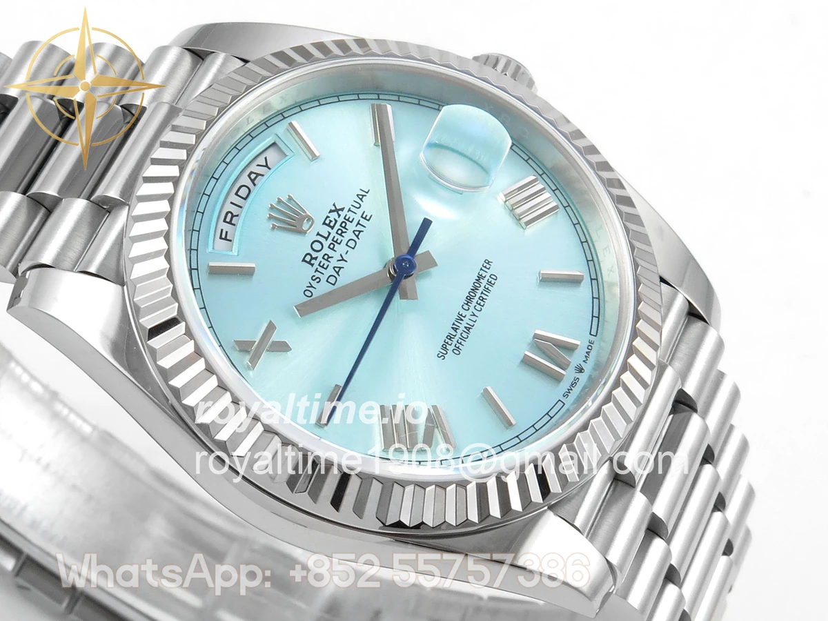 Rolex Day Date 40 SS TMF Ice Blue Roman Dial on President Bracelet VR3255 (Weighted) 208g - Image 6