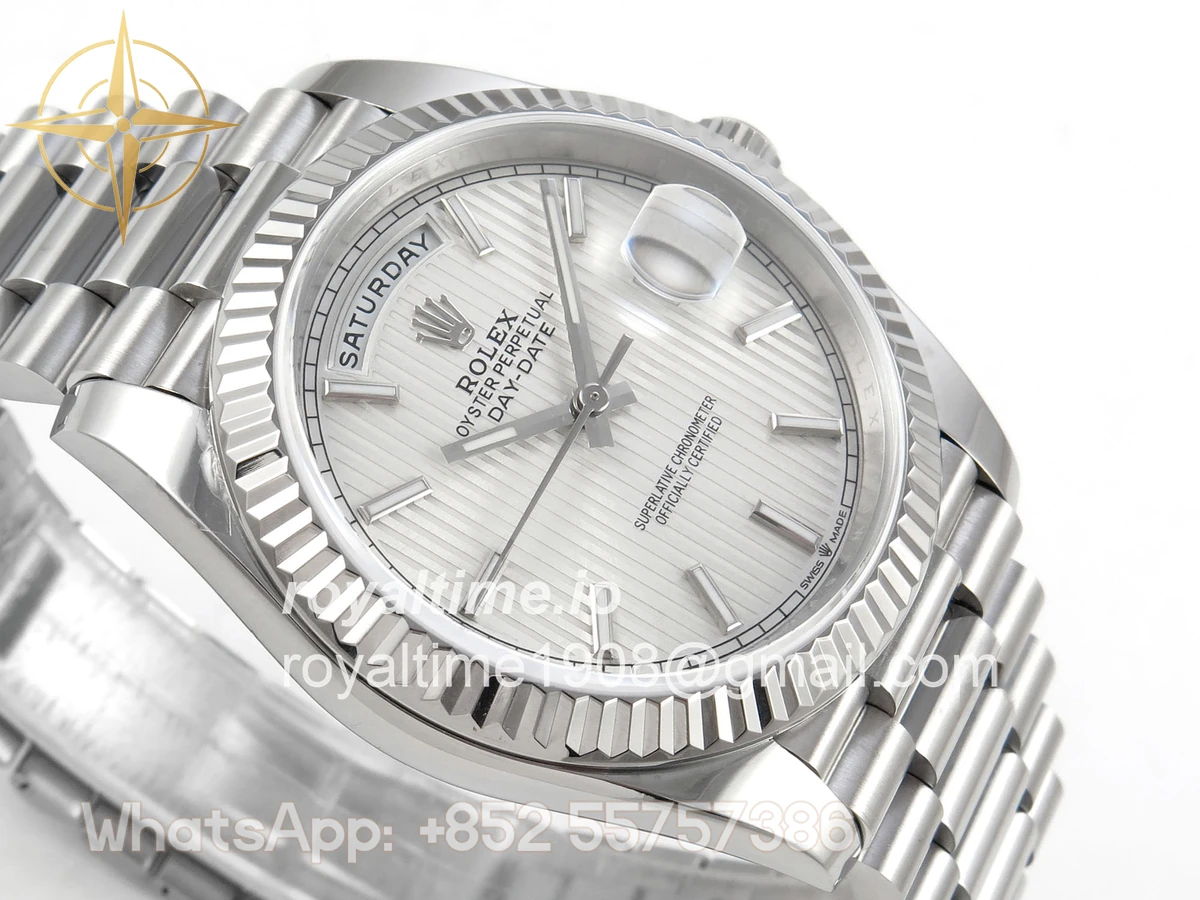 Rolex Day Date 40 SS TMF Silver Textured Stick Dial on President Bracelet VR3255 (Weighted) 208g - Image 6