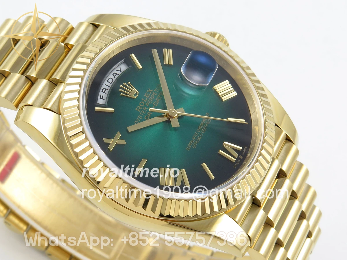 Rolex Day Date 40 YG TMF Green Ombre Roman Dial on President Bracelet VR3255 (Weighted) 208g - Image 6