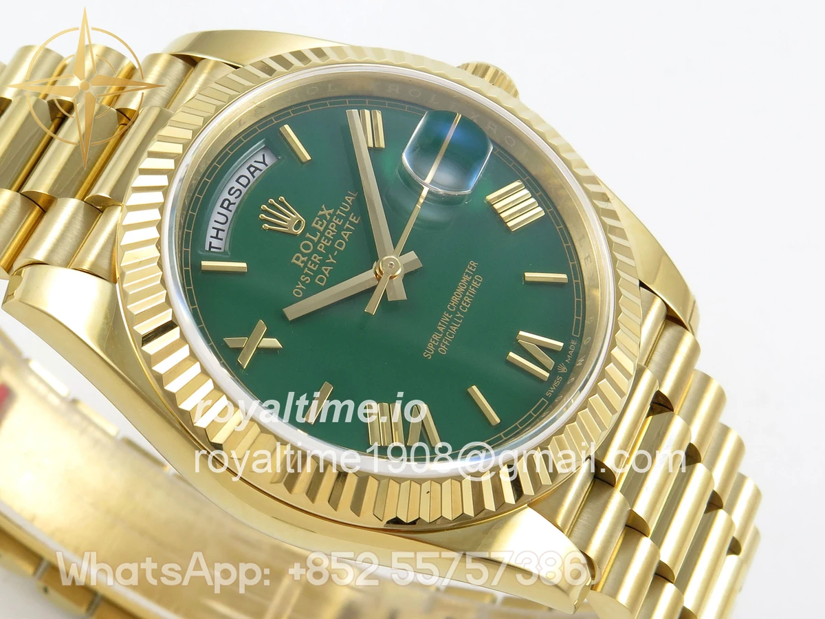 Rolex Day Date 40 YG TMF Green Roman Dial on President Bracelet VR3255 (Weighted) 208g - Image 6