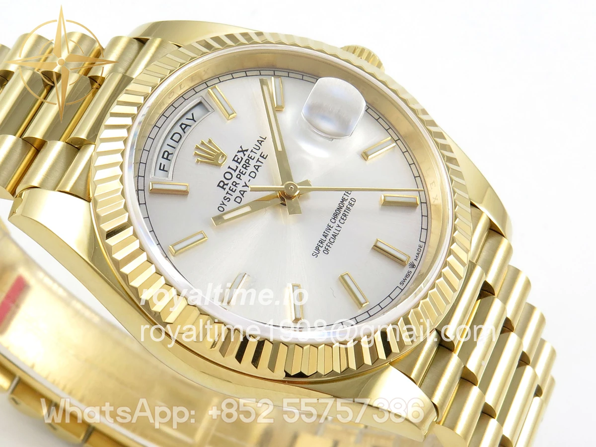 Rolex Day Date 40 YG TMF Silver Stick Dial on President Bracelet VR3255 (Weighted) 208g - Image 6