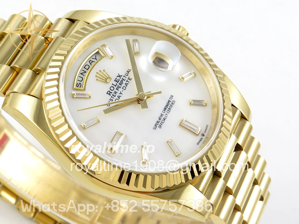 Rolex Day Date 40 YG TMF White MOP Diamonds Dial on President Bracelet VR3255 (Weighted) 208g - Image 6