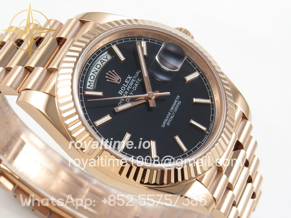 Rolex DayDate 40 RG QF 904L Steel Black Stick Dial on President Bracelet VR3255 V8 (Gain Weight) - Image 6