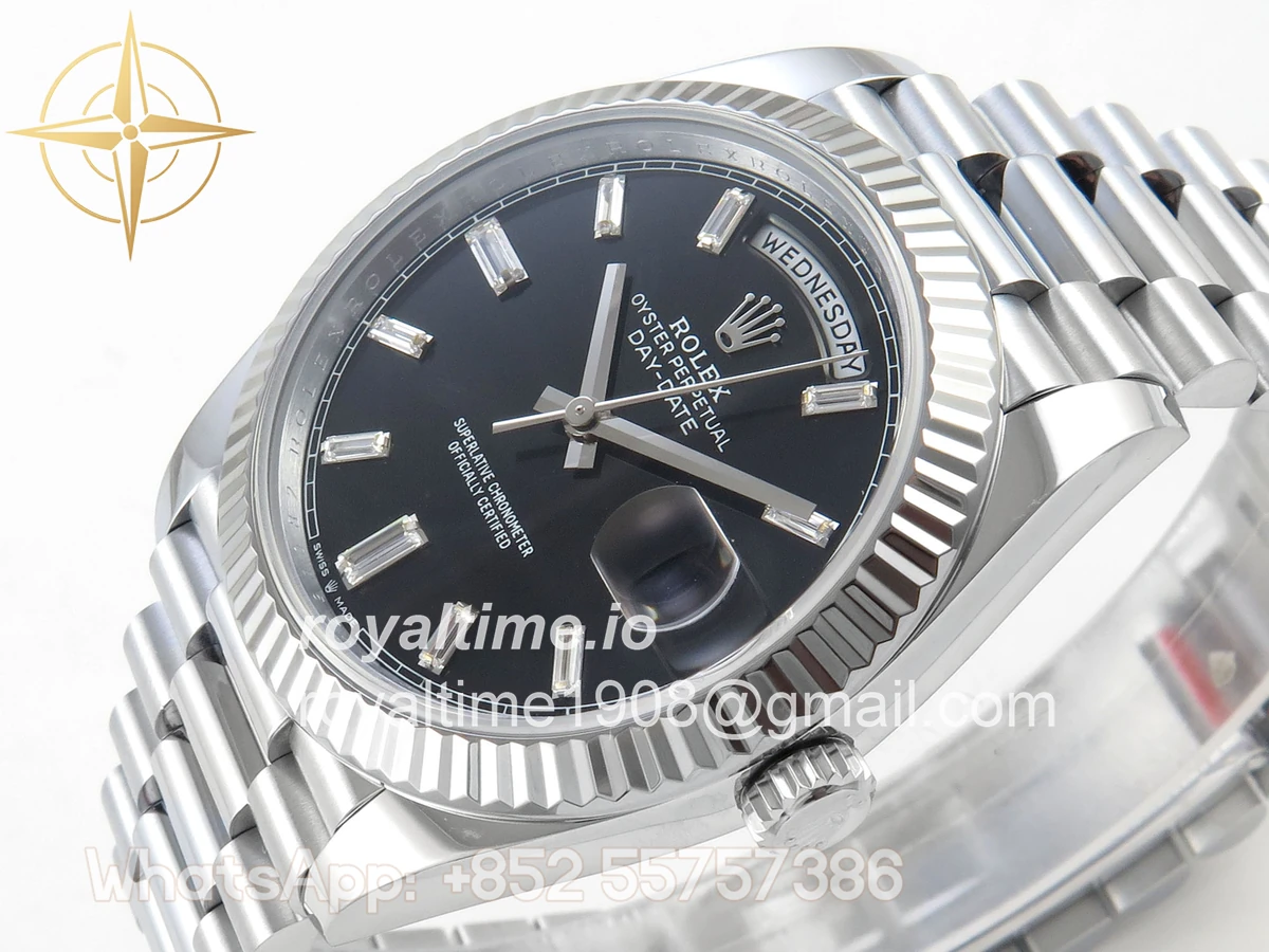 Rolex DayDate 40 SS QF 904L Steel Black Crystal Dial on President Bracelet VR3255 V8 (Gain Weight) - Image 6