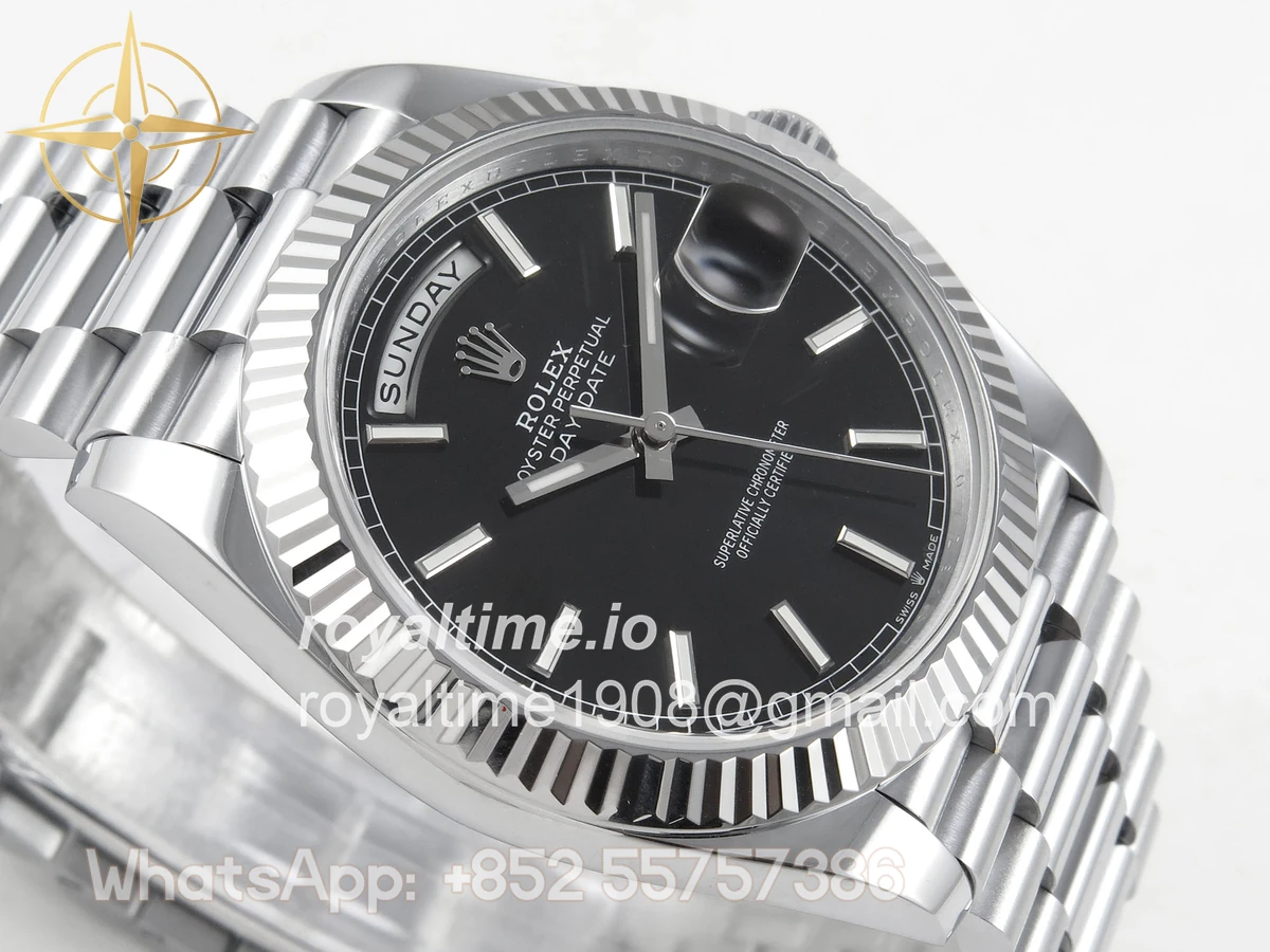 Rolex DayDate 40 SS QF 904L Steel Black Stick Dial on President Bracelet VR3255 V8 (Gain Weight) - Image 6