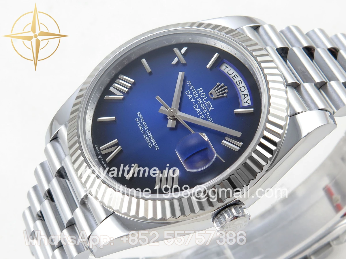 Rolex DayDate 40 SS QF 904L Steel Blue Ombre Roman Dial on President Bracelet VR3255 V8 (Gain Weight) - Image 6