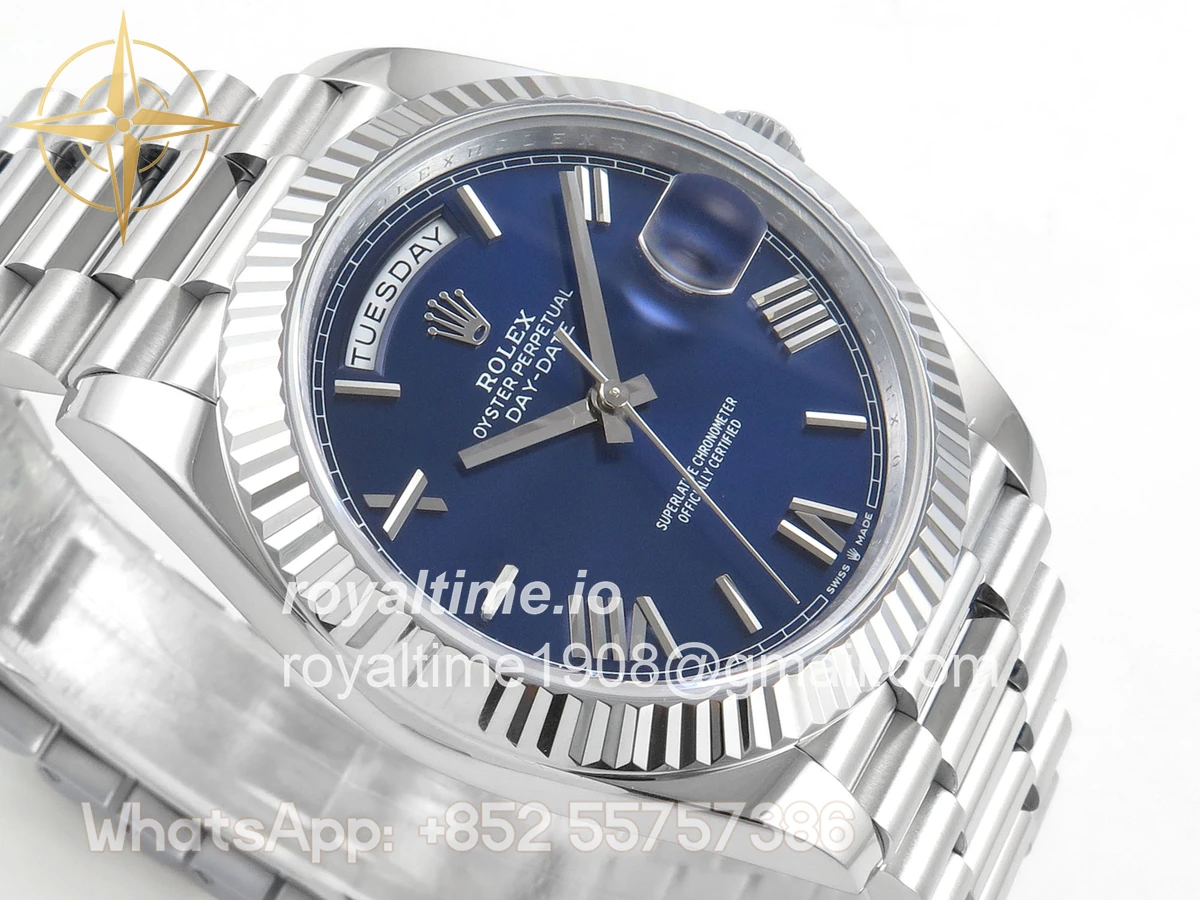 Rolex DayDate 40 SS QF 904L Steel Blue Roman Dial on President Bracelet VR3255 V8 (Gain Weight) - Image 6
