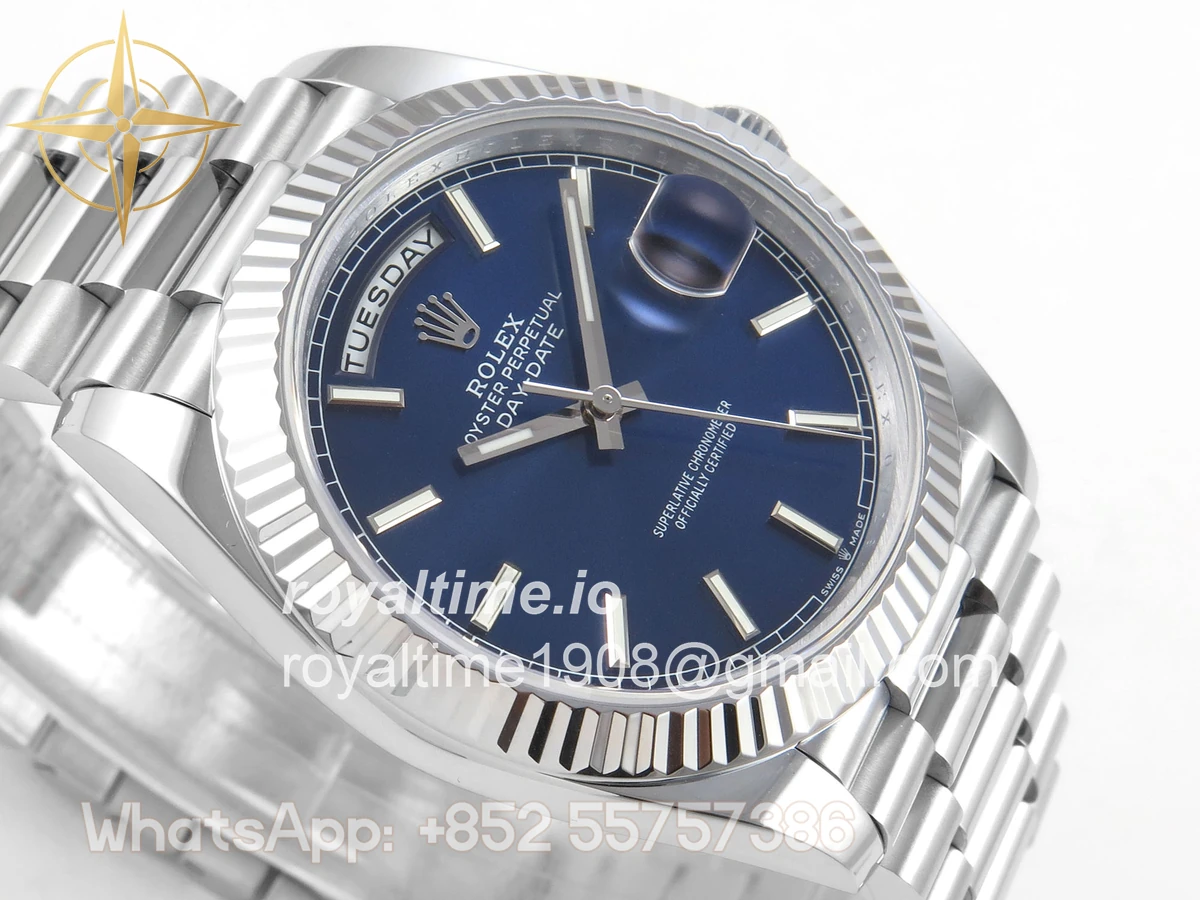 Rolex DayDate 40 SS QF 904L Steel Blue Stick Dial on President Bracelet VR3255 V8 (Gain Weight) - Image 6