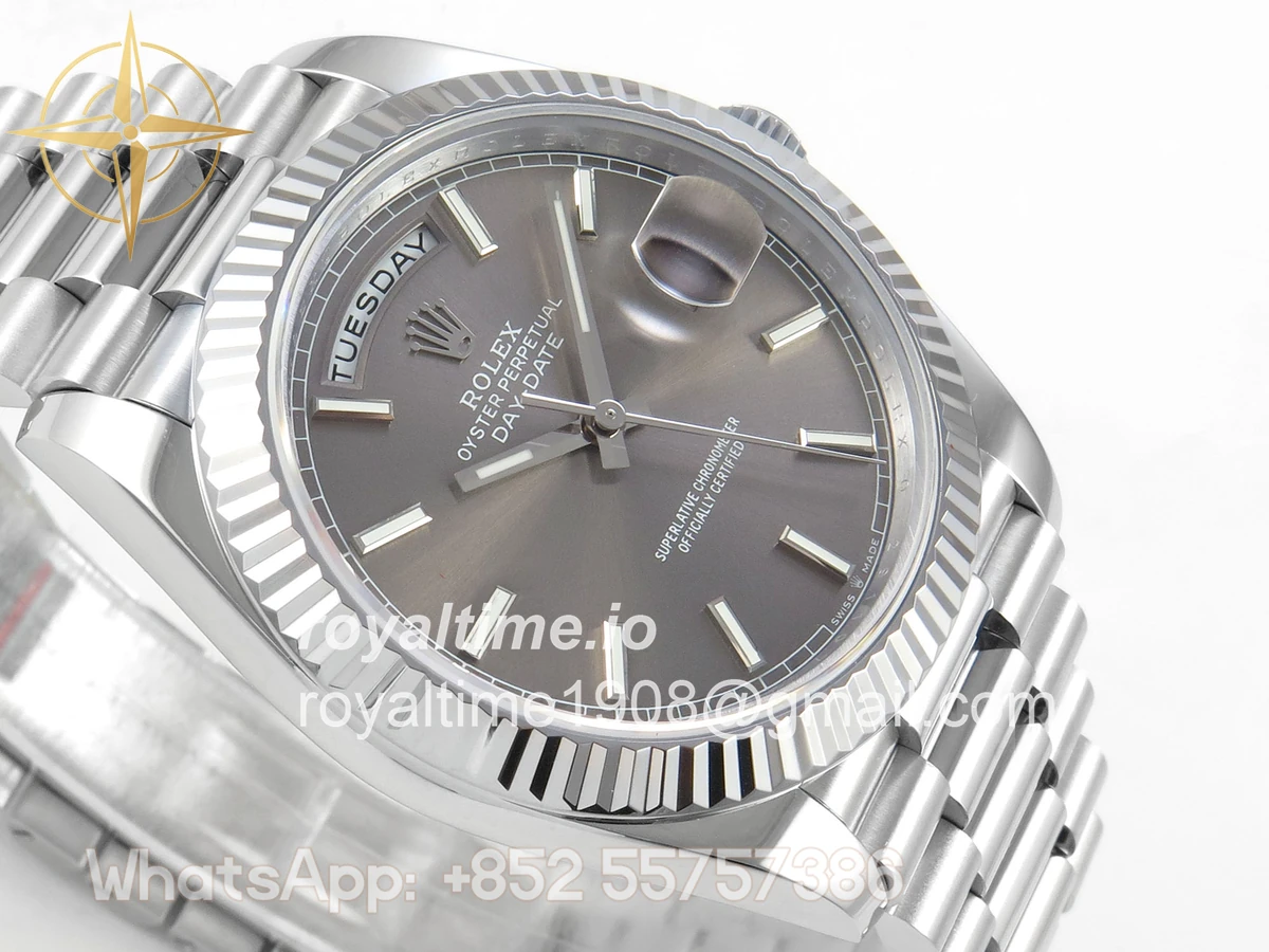 Rolex DayDate 40 SS QF 904L Steel Gray Stick Dial on President Bracelet VR3255 V8 (Gain Weight) - Image 6
