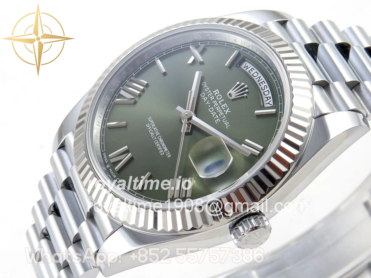 Rolex DayDate 40 SS QF 904L Steel Green Roman Dial on President Bracelet VR3255 V8 (Gain Weight) - Image 6