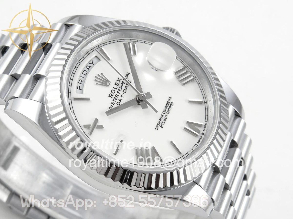 Rolex DayDate 40 SS QF 904L Steel White Roman Dial on President Bracelet VR3255 V8 (Gain Weight) - Image 6