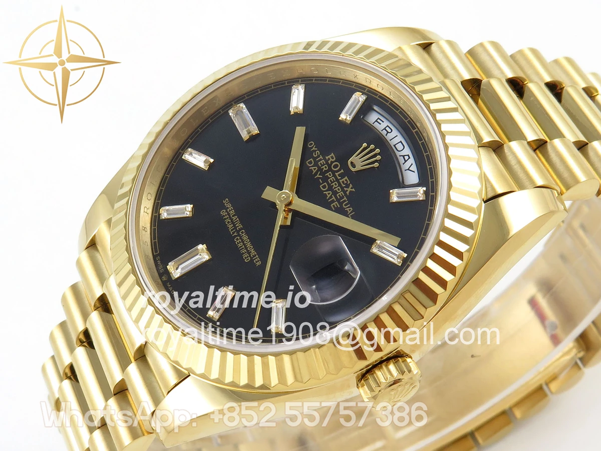 Rolex DayDate 40 YG QF 904L Steel Black Crystal Dial on President Bracelet VR3255 V8 (Gain Weight) - Image 6