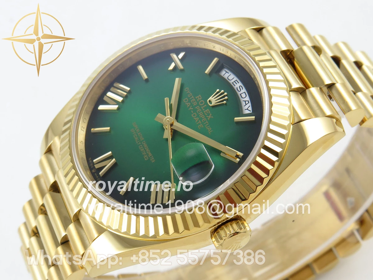 Rolex DayDate 40 YG QF 904L Steel Green Ombre Roman Dial on President Bracelet VR3255 V8 (Gain Weight) - Image 6